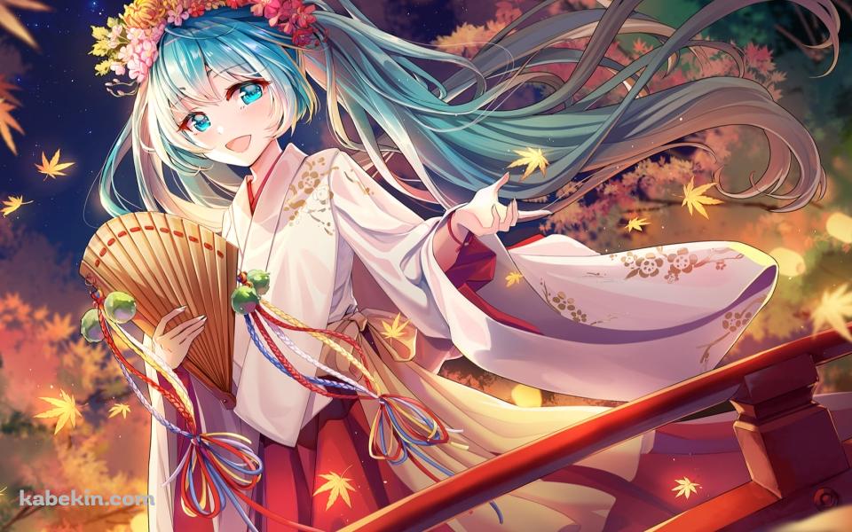 赤い橋の上で笑顔の初音ミク / 花の冠 / ボカロ / ボーカロイドの壁紙(960px x 600px) 高画質 PC・デスクトップ用