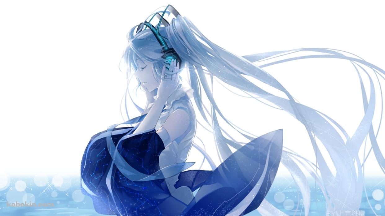 ヘッドフォンに手をあてる綺麗な初音ミク / ボカロ / ボーカロイドの壁紙(1242px x 698px) 高画質 PC・デスクトップ用