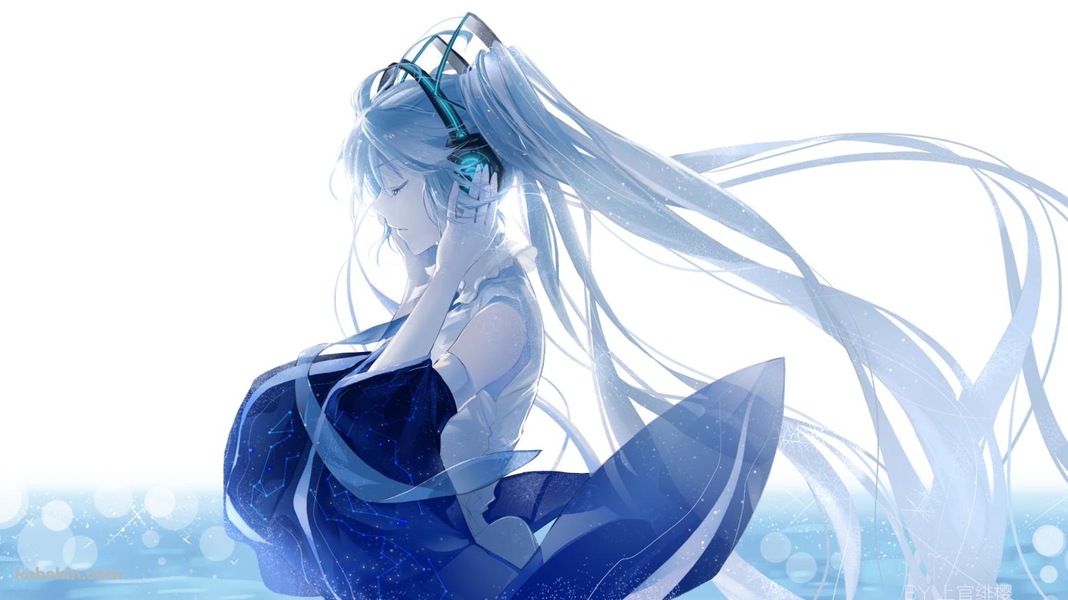 ヘッドフォンに手をあてる綺麗な初音ミク / ボカロ / ボーカロイドの壁紙(1536px x 864px) 高画質 PC・デスクトップ用