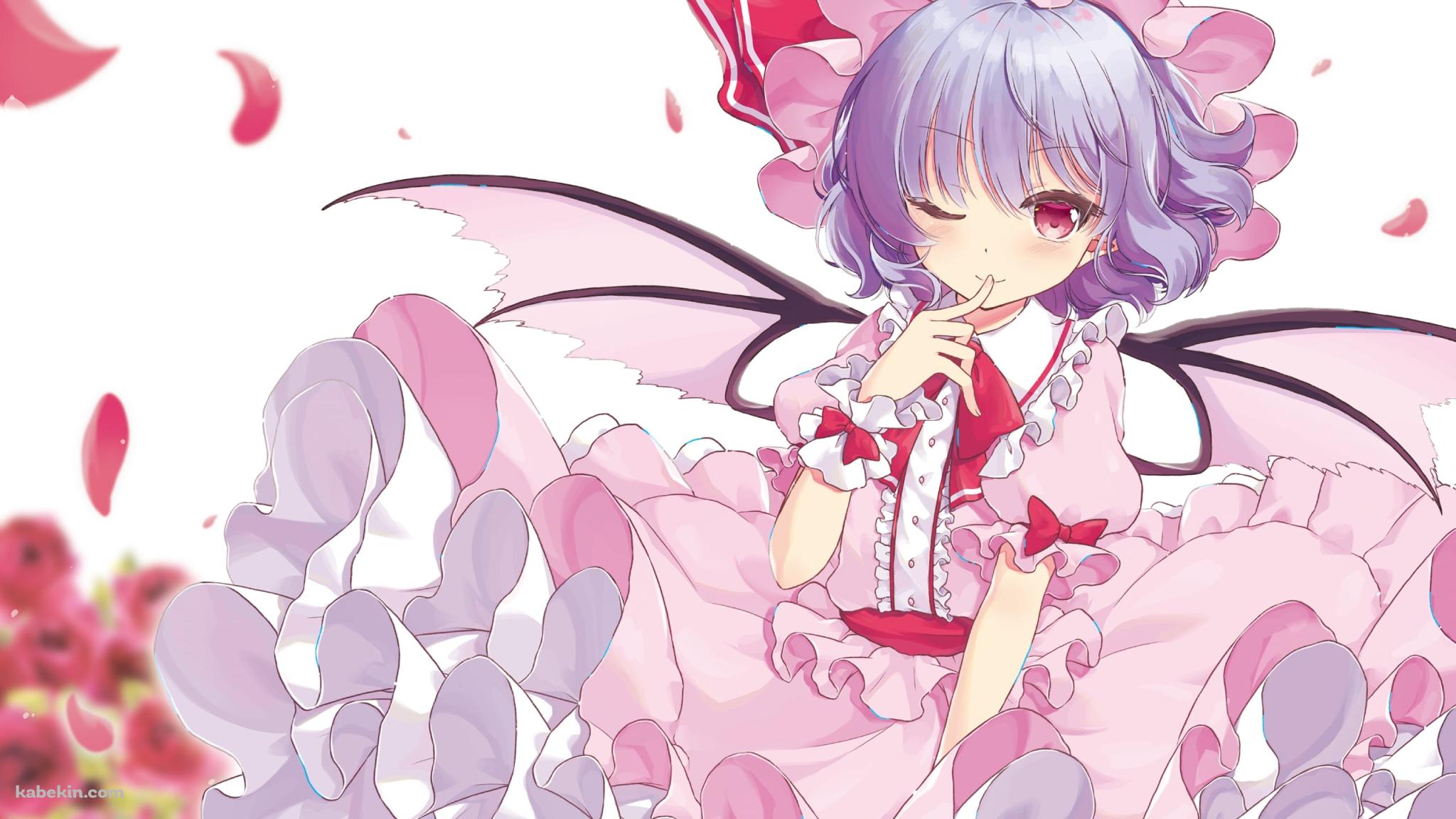 赤い薔薇とウィンクするレミリア・スカーレット / 東方の壁紙(2048px x 1152px) 高画質 PC・デスクトップ用