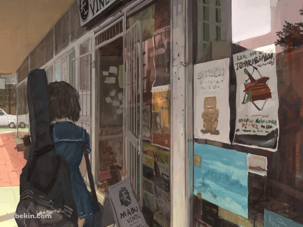 街中を歩くギターケースを持つ女子高生の壁紙(1024px x 768px) 高画質 PC・デスクトップ用