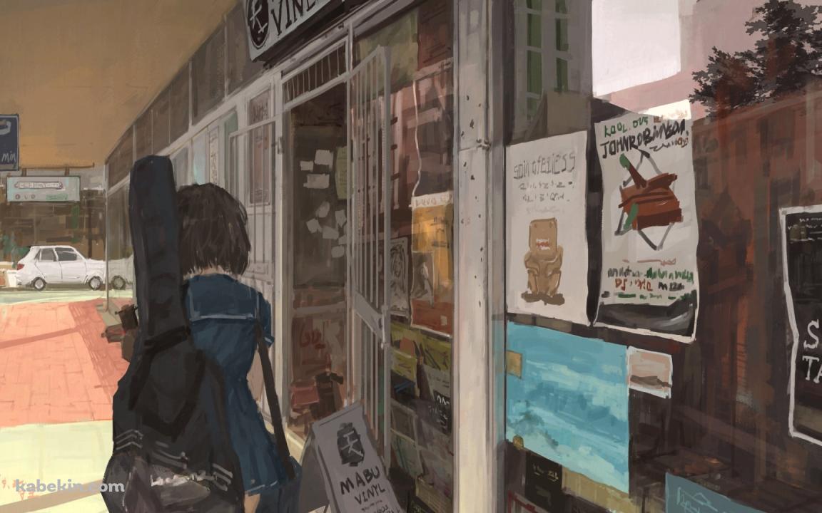 街中を歩くギターケースを持つ女子高生の壁紙(1152px x 720px) 高画質 PC・デスクトップ用