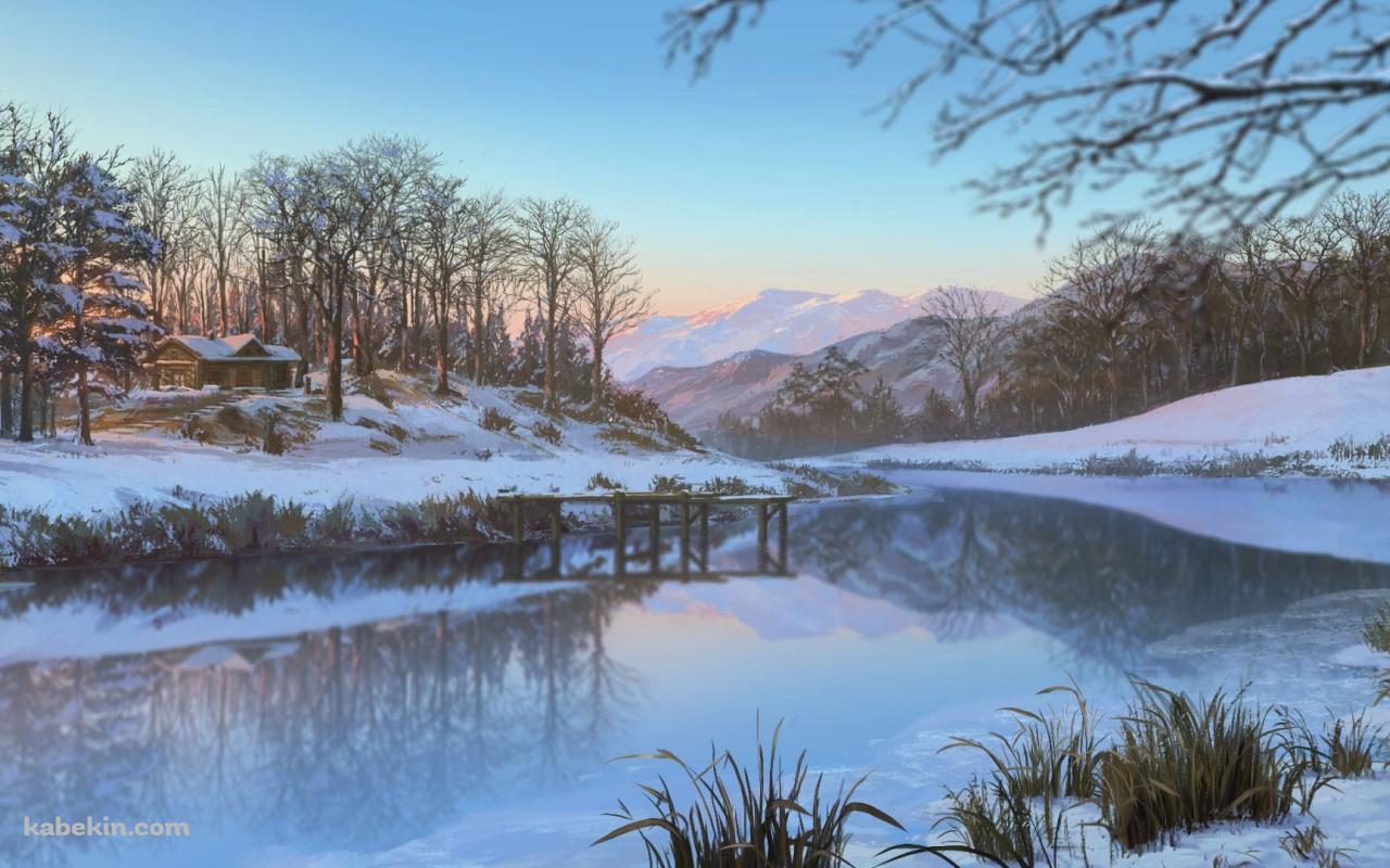 雪原地帯 / 川 / 小屋 / 雪景色の壁紙(1280px x 800px) 高画質 PC・デスクトップ用