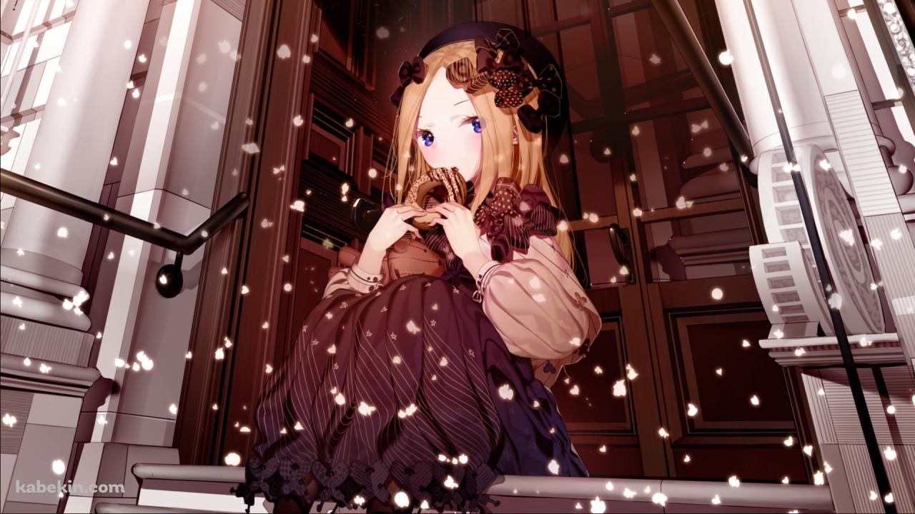雪が降る中、家の扉の前に座りこむアビゲイル・ウィリアムズ / Fate/grand orderの壁紙(1280px x 720px) 高画質 PC・デスクトップ用