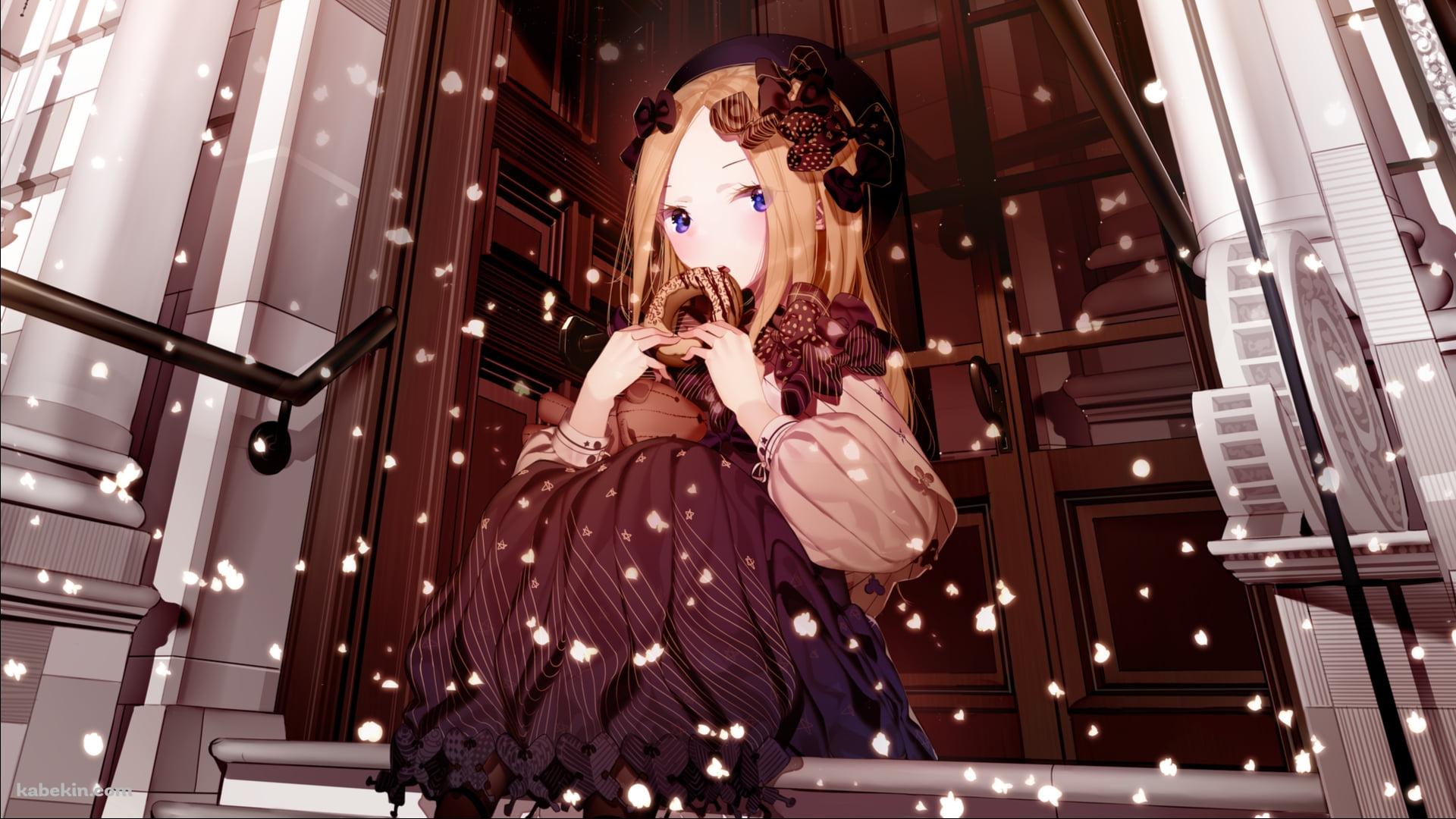 雪が降る中、家の扉の前に座りこむアビゲイル・ウィリアムズ / Fate/grand orderの壁紙(1920px x 1080px) 高画質 PC・デスクトップ用