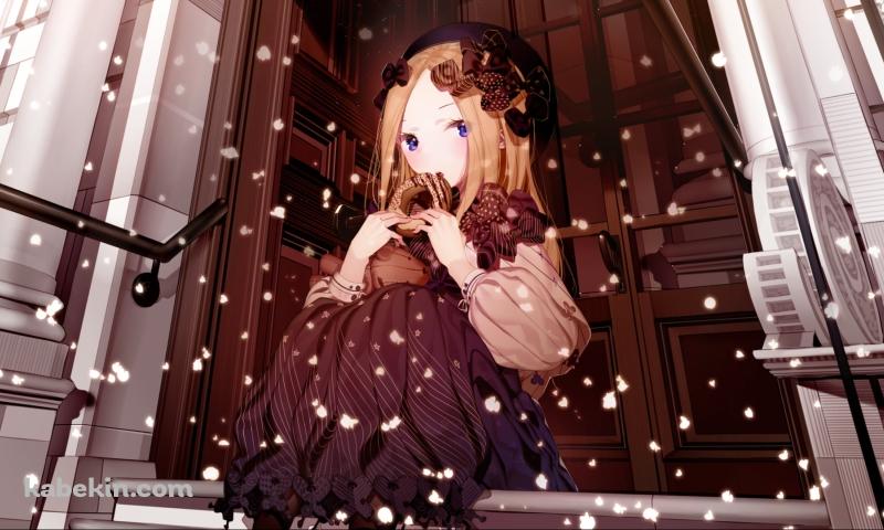 雪が降る中、家の扉の前に座りこむアビゲイル・ウィリアムズ / Fate/grand orderの壁紙(800px x 480px) 高画質 PC・デスクトップ用