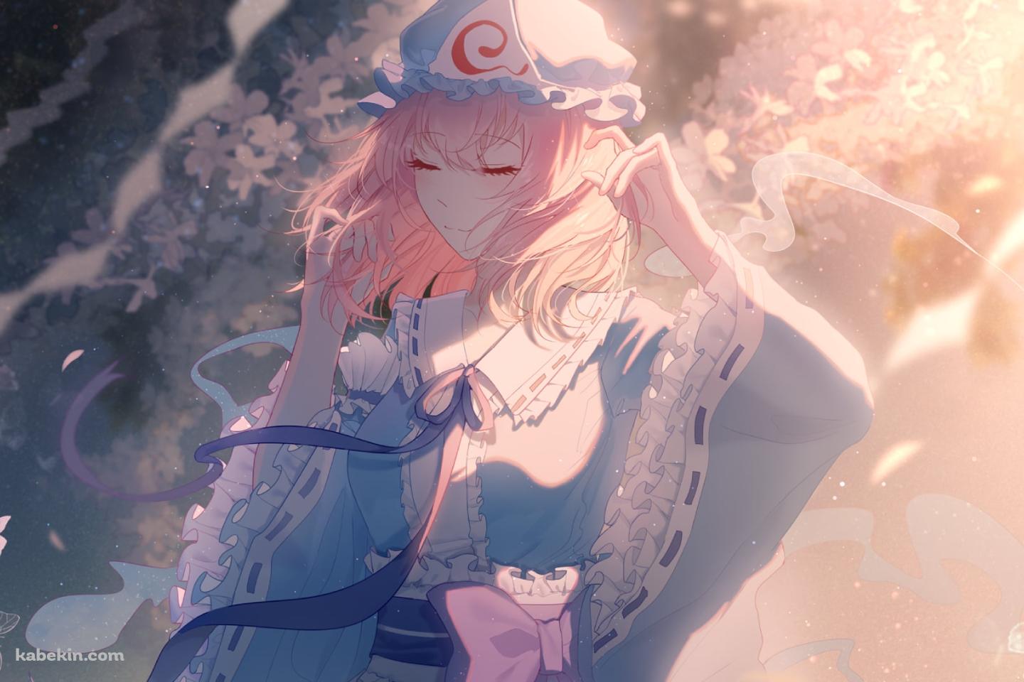 ピンクの花と蝶に囲まれて目をつぶる西行寺幽々子 / 東方の壁紙(1440px x 960px) 高画質 PC・デスクトップ用