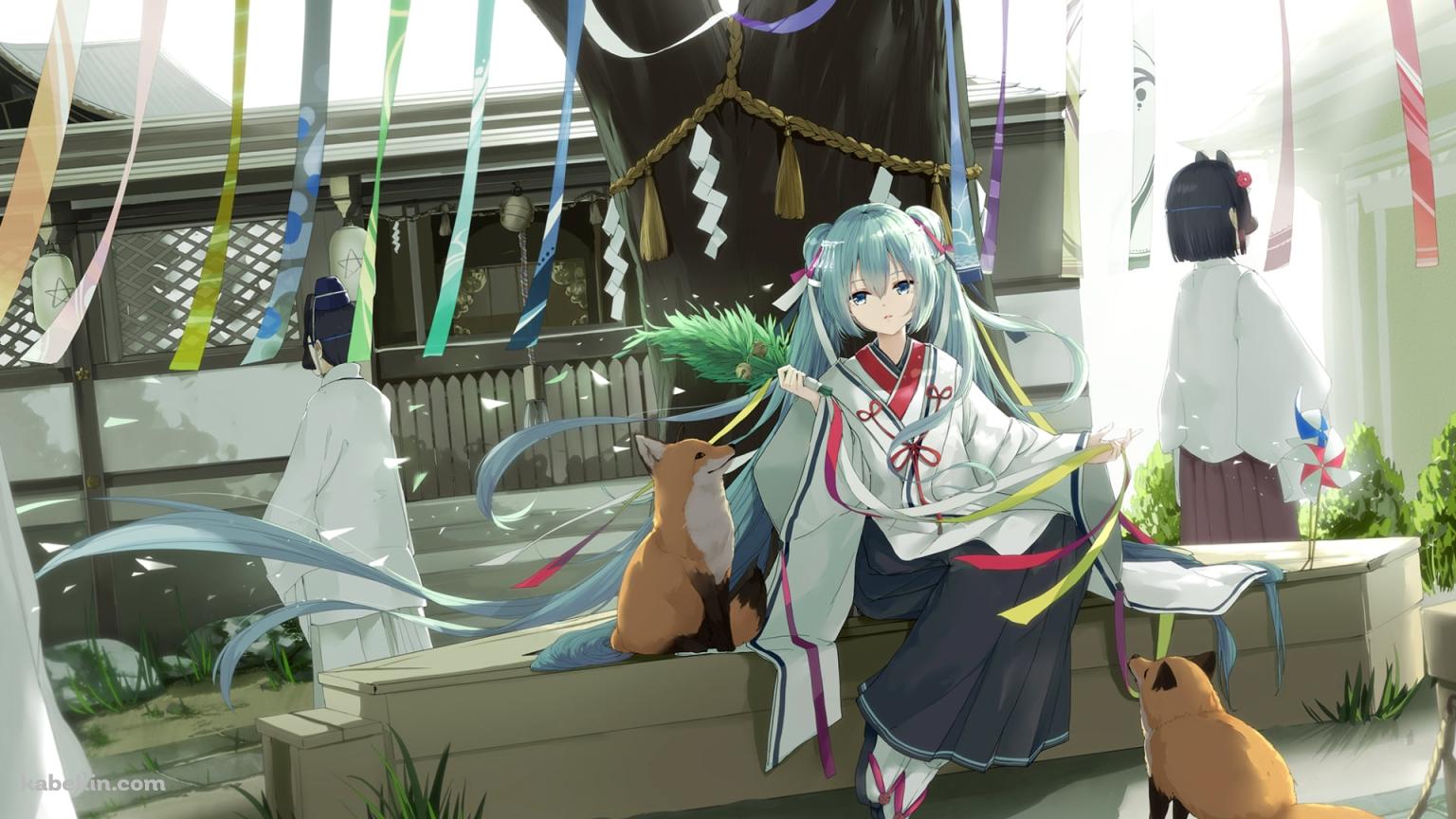 狐に囲まれる巫女姿の初音ミク / 御神木 / ボカロ / ボーカロイドの壁紙(1536px x 864px) 高画質 PC・デスクトップ用