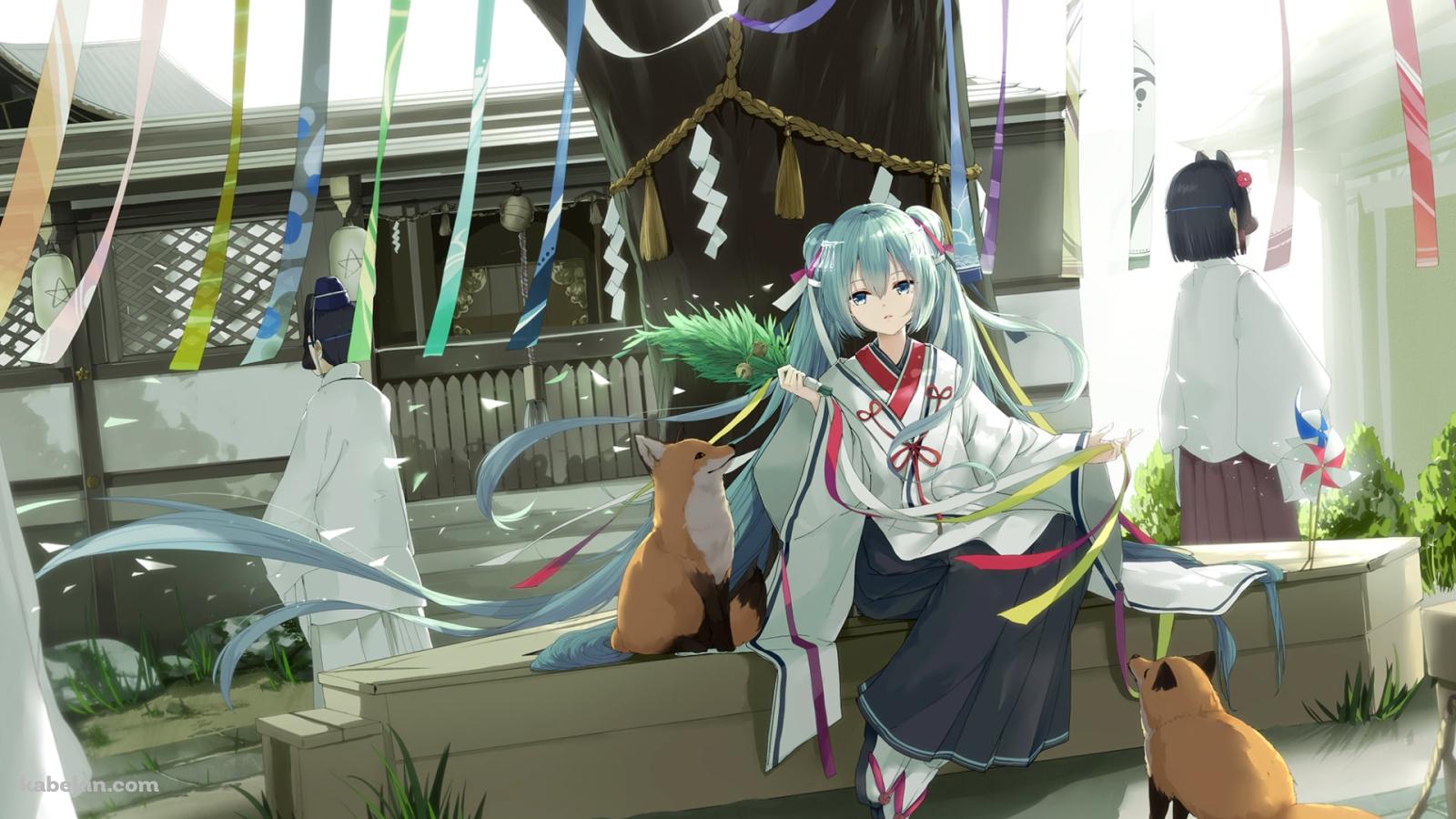 狐に囲まれる巫女姿の初音ミク / 御神木 / ボカロ / ボーカロイドの壁紙(1600px x 900px) 高画質 PC・デスクトップ用