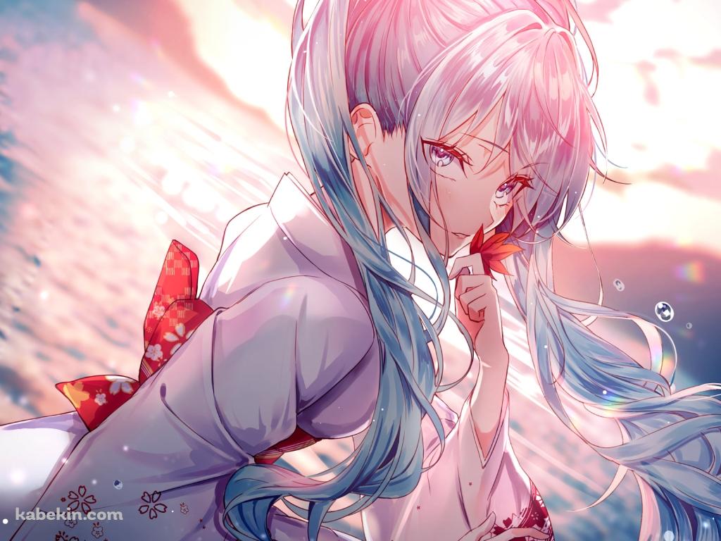 白い着物を着た綺麗な初音ミク / 海 / 紅葉 / ボカロ / ボーカロイドの壁紙(1024px x 768px) 高画質 PC・デスクトップ用