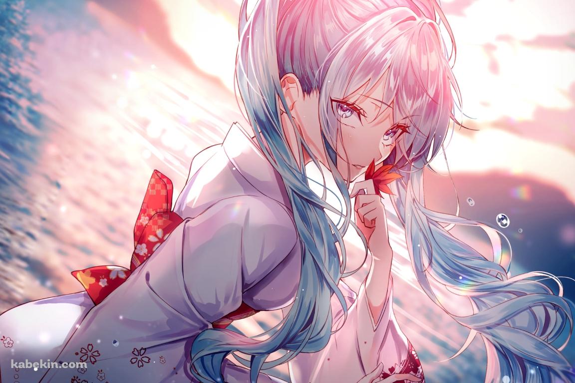 白い着物を着た綺麗な初音ミク / 海 / 紅葉 / ボカロ / ボーカロイドの壁紙(1152px x 768px) 高画質 PC・デスクトップ用