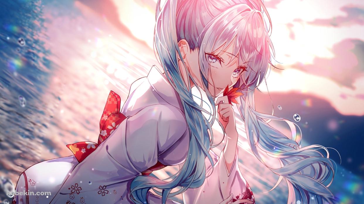 白い着物を着た綺麗な初音ミク / 海 / 紅葉 / ボカロ / ボーカロイドの壁紙(1242px x 698px) 高画質 PC・デスクトップ用