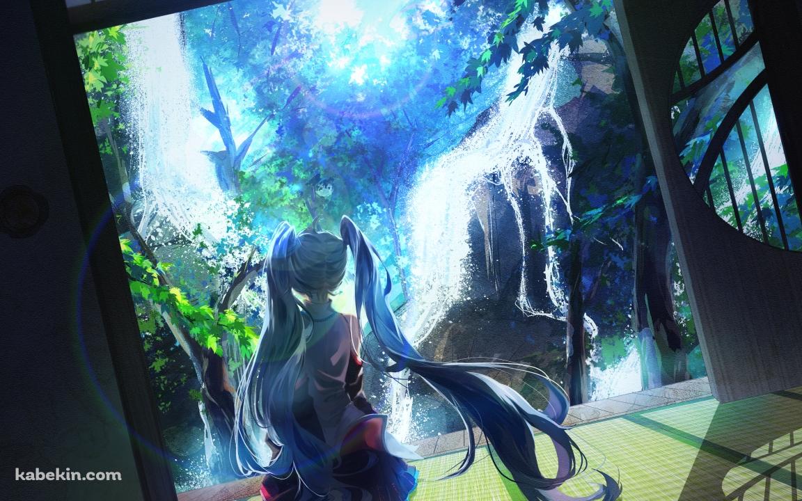 緑の畳の部屋に座る初音ミク / ボカロ / ボーカロイドの壁紙(1152px x 720px) 高画質 PC・デスクトップ用