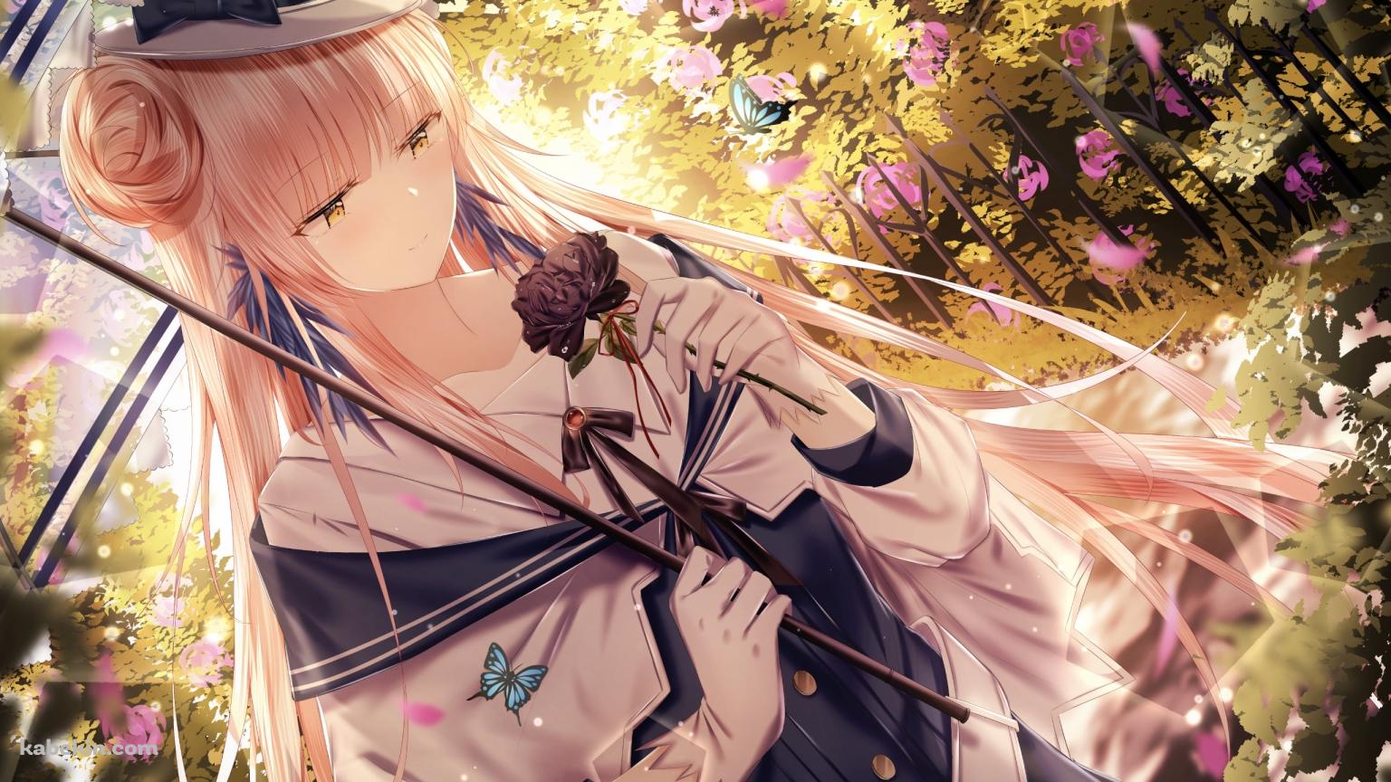 薔薇咲く庭園で濃い紫の薔薇を見つめるセイロン / アークナイツの壁紙(1536px x 864px) 高画質 PC・デスクトップ用