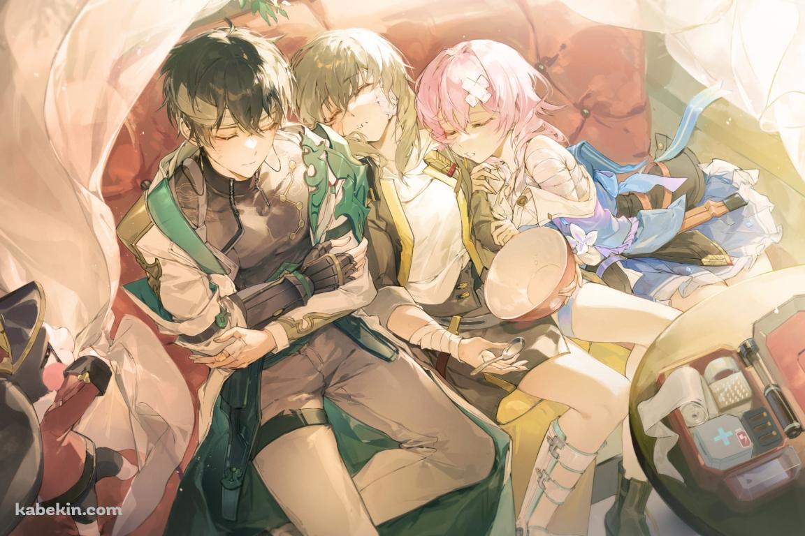 赤いソファーの上で並んで寝る三月七と丹恒と星 / 崩壊:スターレイルの壁紙(1152px x 768px) 高画質 PC・デスクトップ用