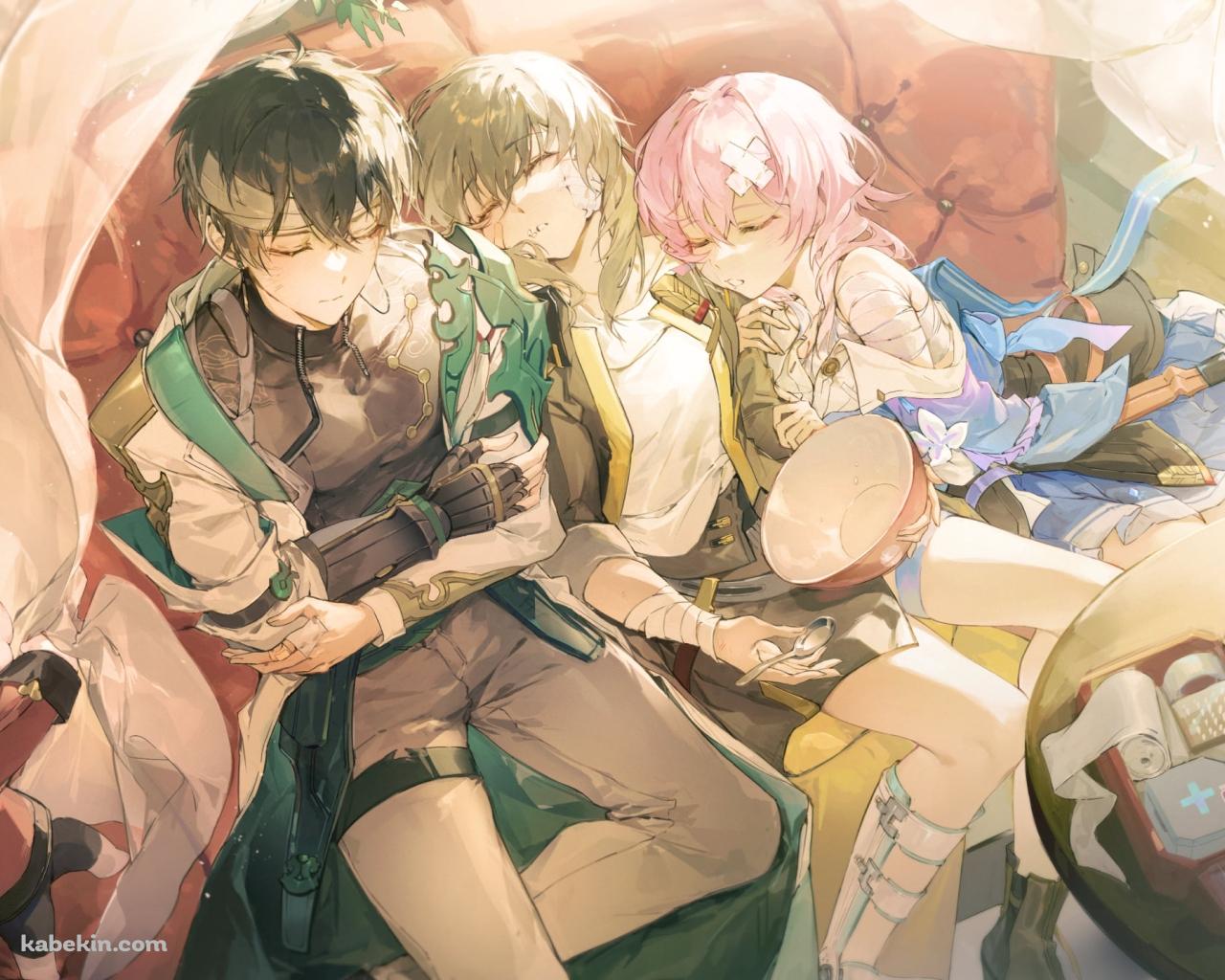 赤いソファーの上で並んで寝る三月七と丹恒と星 / 崩壊:スターレイルの壁紙(1280px x 1024px) 高画質 PC・デスクトップ用