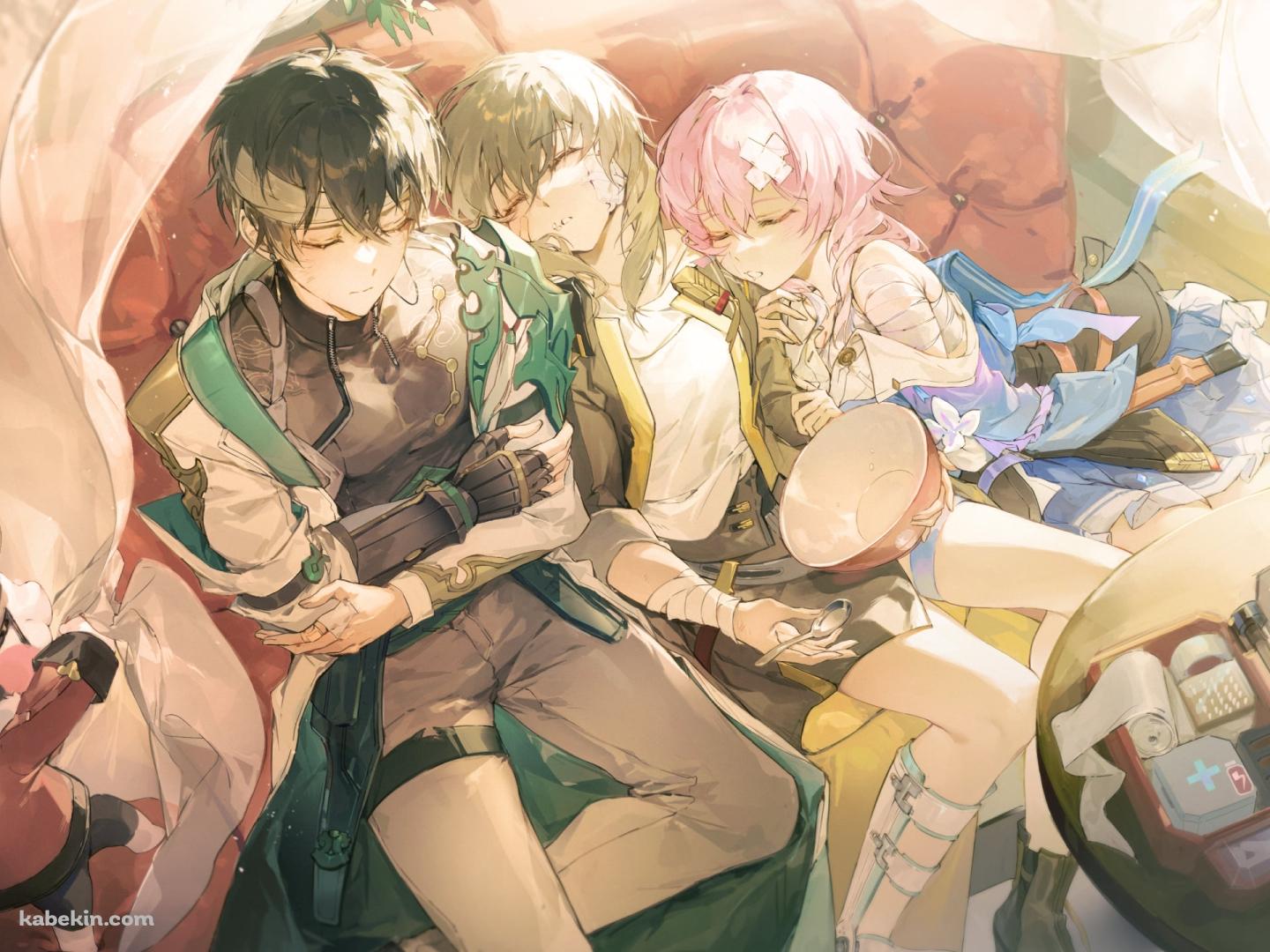赤いソファーの上で並んで寝る三月七と丹恒と星 / 崩壊:スターレイルの壁紙(1440px x 1080px) 高画質 PC・デスクトップ用