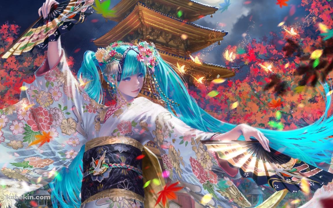 リアルなタッチで描かれた初音ミク / 舞踊 / 五重塔 / 満月 / 紅葉 / ボカロ / ボーカロイドの壁紙(1152px x 720px) 高画質 PC・デスクトップ用