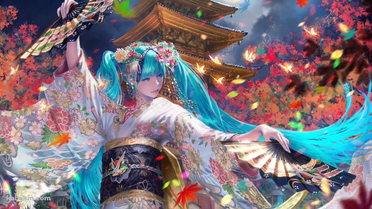 リアルなタッチで描かれた初音ミク / 舞踊 / 五重塔 / 満月 / 紅葉 / ボカロ / ボーカロイドの壁紙(1280px x 720px) 高画質 PC・デスクトップ用