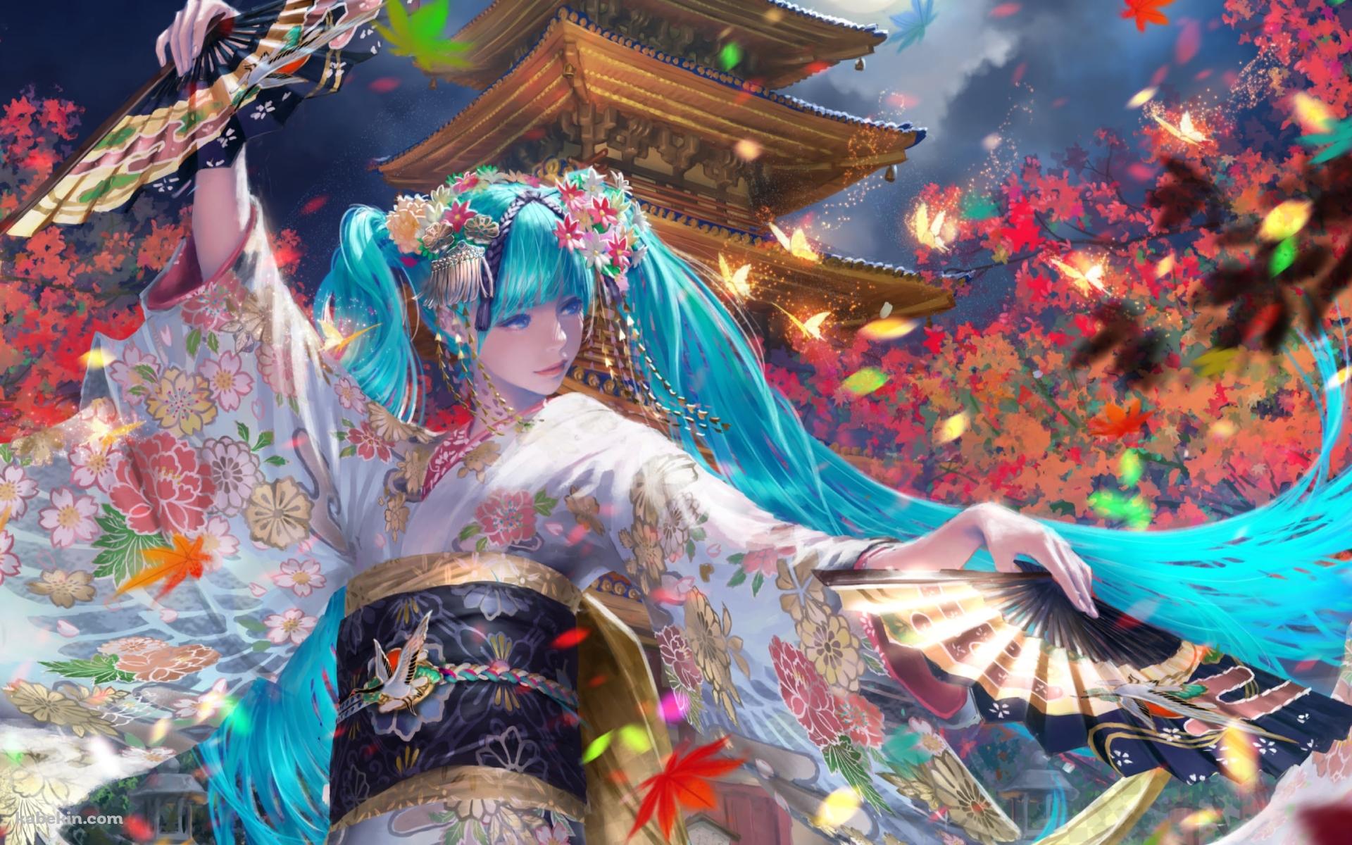 リアルなタッチで描かれた初音ミク / 舞踊 / 五重塔 / 満月 / 紅葉 / ボカロ / ボーカロイドの壁紙(1920px x 1200px) 高画質 PC・デスクトップ用
