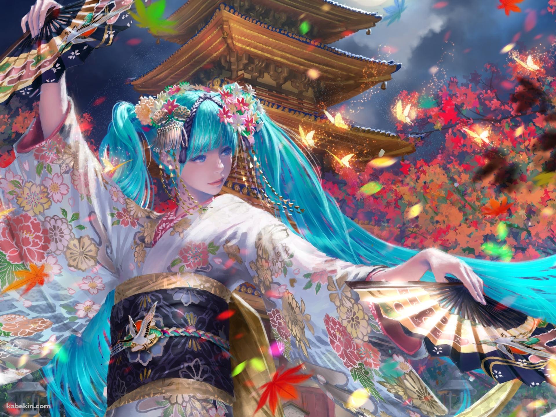 リアルなタッチで描かれた初音ミク / 舞踊 / 五重塔 / 満月 / 紅葉 / ボカロ / ボーカロイドの壁紙(1920px x 1440px) 高画質 PC・デスクトップ用