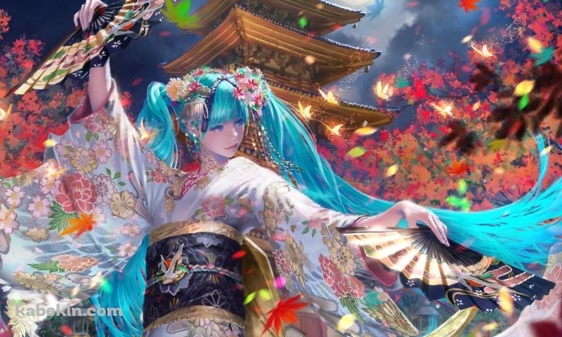 リアルなタッチで描かれた初音ミク / 舞踊 / 五重塔 / 満月 / 紅葉 / ボカロ / ボーカロイドの壁紙(800px x 480px) 高画質 PC・デスクトップ用
