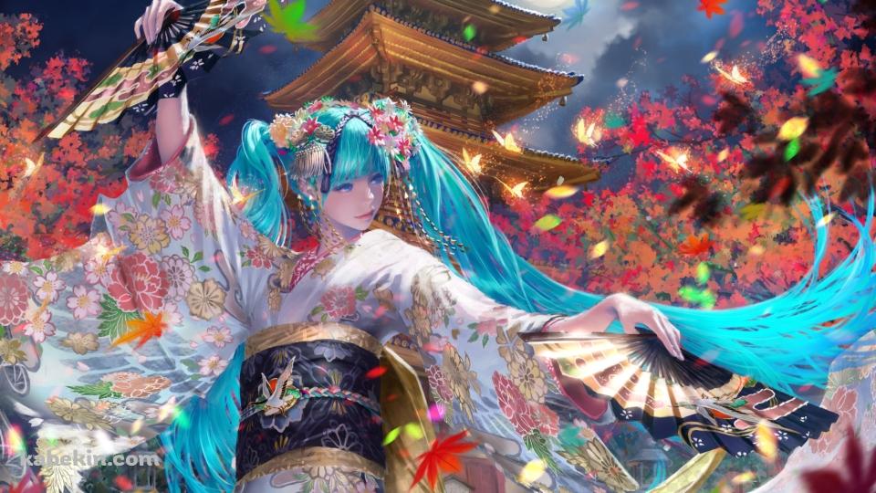リアルなタッチで描かれた初音ミク / 舞踊 / 五重塔 / 満月 / 紅葉 / ボカロ / ボーカロイドの壁紙(960px x 540px) 高画質 PC・デスクトップ用