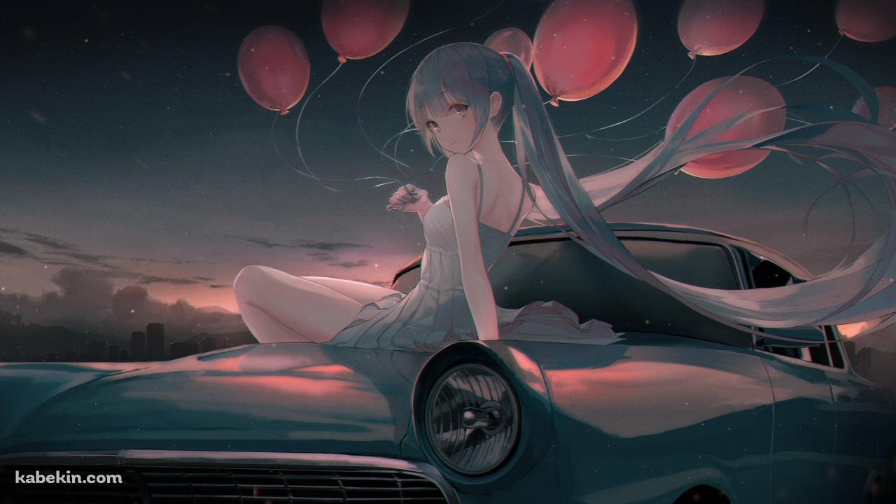 車の上に座る可愛い初音ミク / ピンクの風船 / ボカロ / ボーカロイドの壁紙(1280px x 720px) 高画質 PC・デスクトップ用