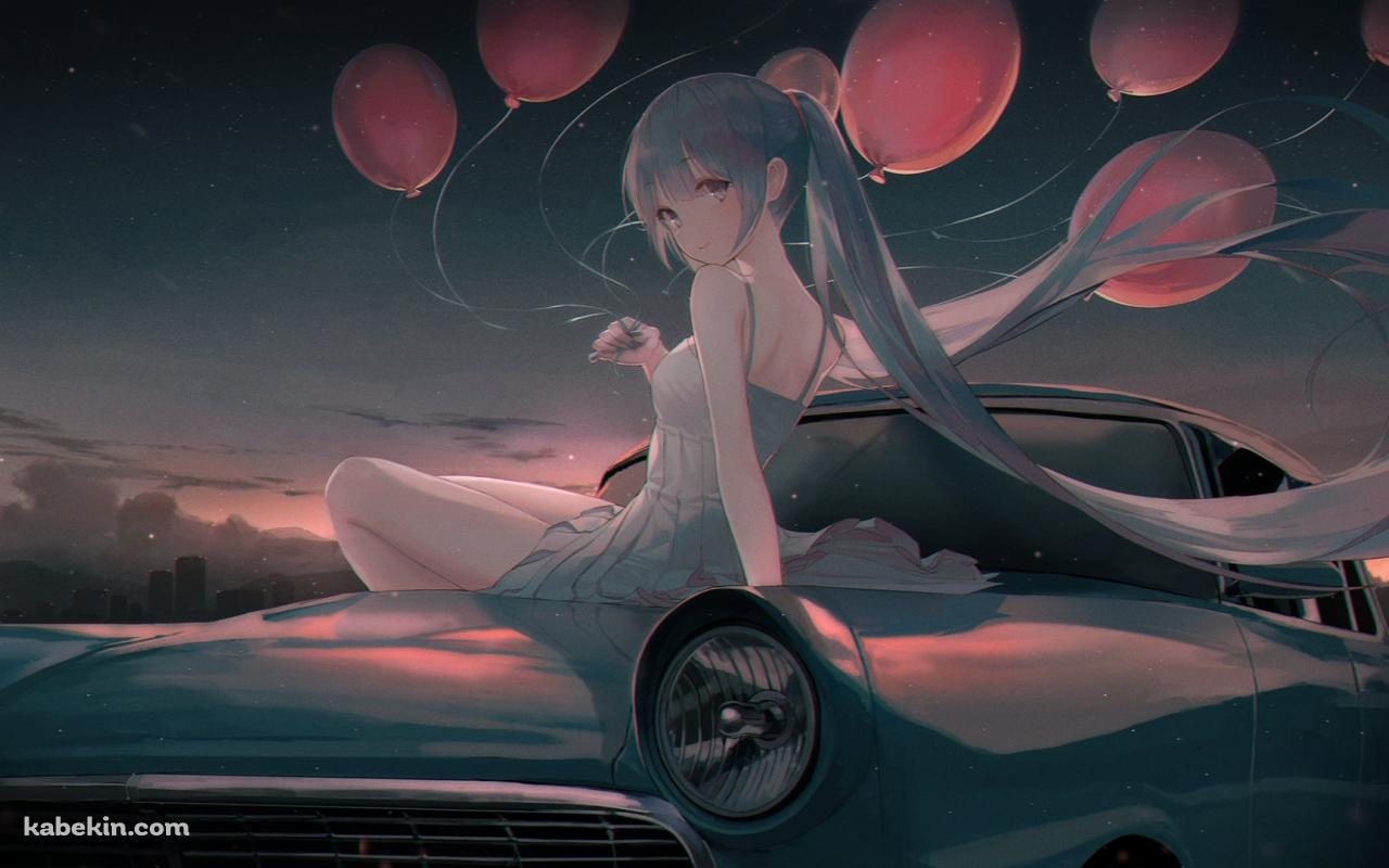 車の上に座る可愛い初音ミク / ピンクの風船 / ボカロ / ボーカロイドの壁紙(1280px x 800px) 高画質 PC・デスクトップ用