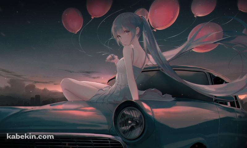 車の上に座る可愛い初音ミク / ピンクの風船 / ボカロ / ボーカロイドの壁紙(800px x 480px) 高画質 PC・デスクトップ用