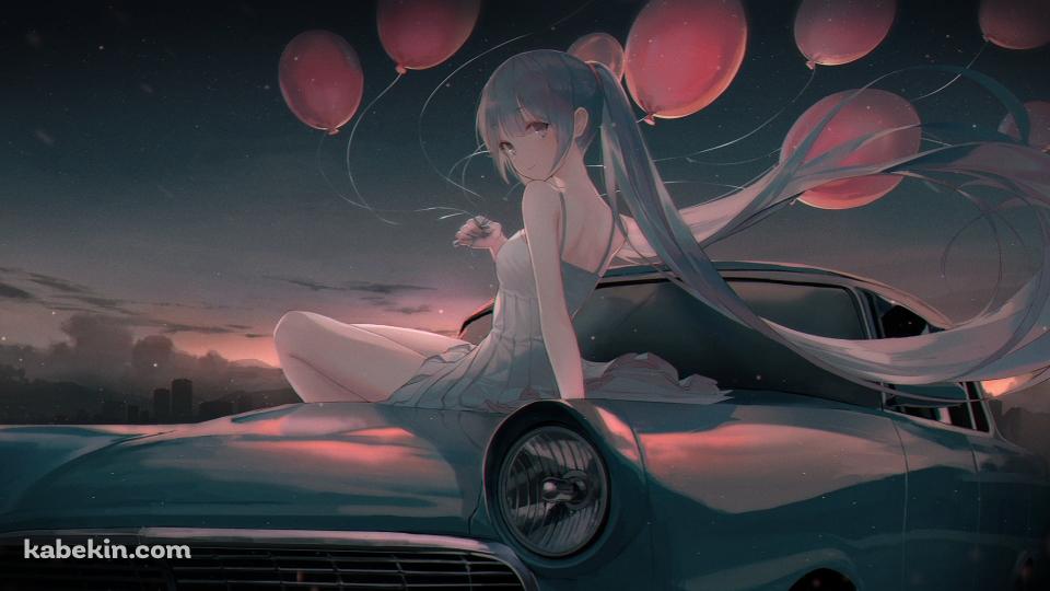車の上に座る可愛い初音ミク / ピンクの風船 / ボカロ / ボーカロイドの壁紙(960px x 540px) 高画質 PC・デスクトップ用