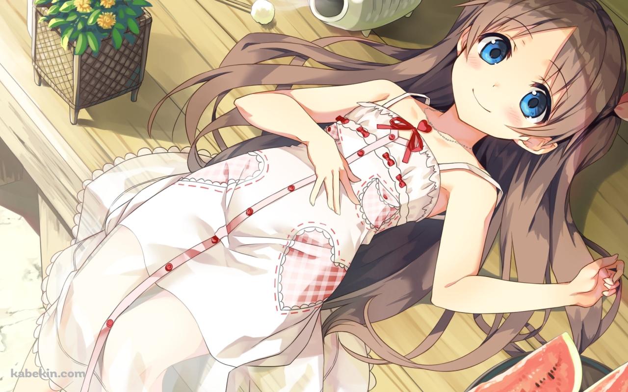 縁側でスイカを食べる可愛い沢井夏葉 / 豚の蚊取り線香 / 耳かき / ものべのの壁紙(1280px x 800px) 高画質 PC・デスクトップ用
