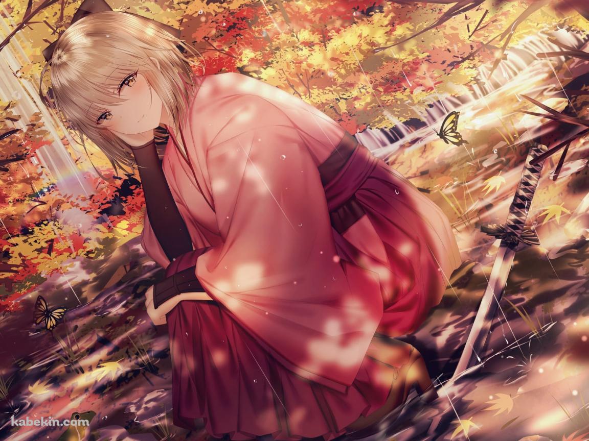 雨が降る秋の森の中、しゃがむ沖田総司 / 紅葉 / Fate/grand orderの壁紙(1152px x 864px) 高画質 PC・デスクトップ用