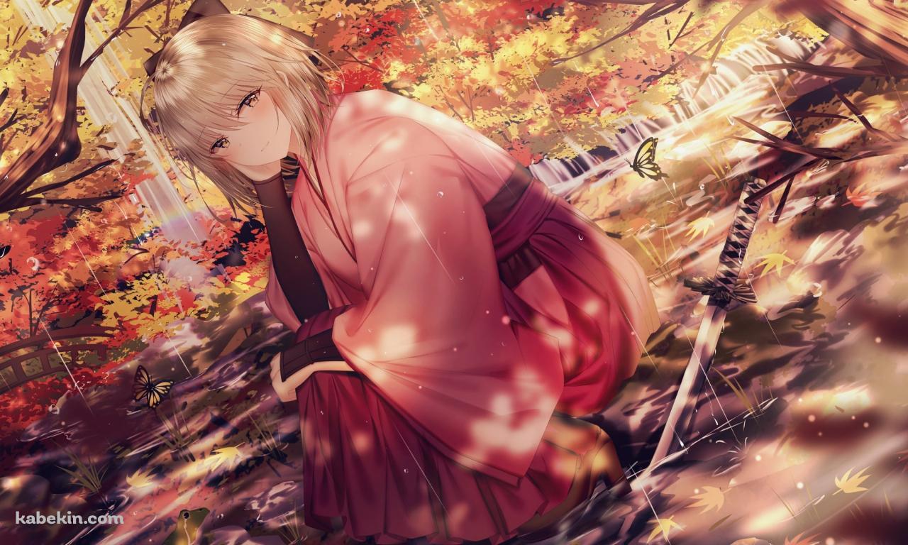 雨が降る秋の森の中、しゃがむ沖田総司 / 紅葉 / Fate/grand orderの壁紙(1280px x 768px) 高画質 PC・デスクトップ用