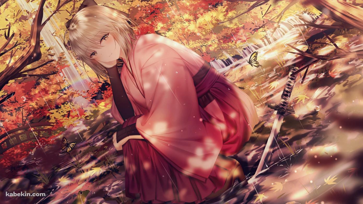 雨が降る秋の森の中、しゃがむ沖田総司 / 紅葉 / Fate/grand orderの壁紙(1391px x 783px) 高画質 PC・デスクトップ用