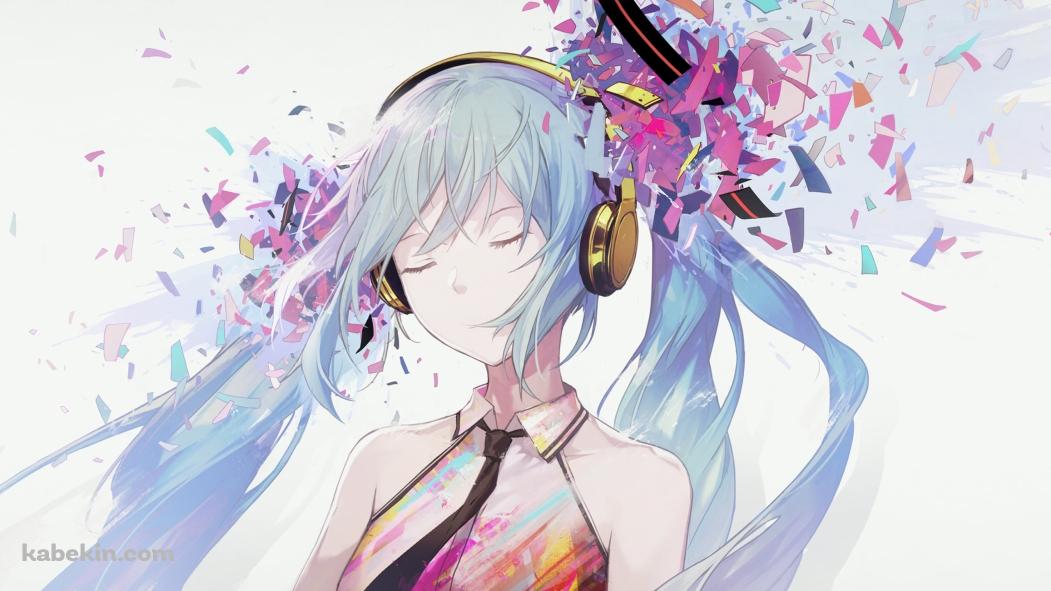 目をつぶる初音ミク / パステル調 / 綺麗 / 金色のヘッドフォン / ボカロ / ボーカロイドの壁紙(1051px x 591px) 高画質 PC・デスクトップ用