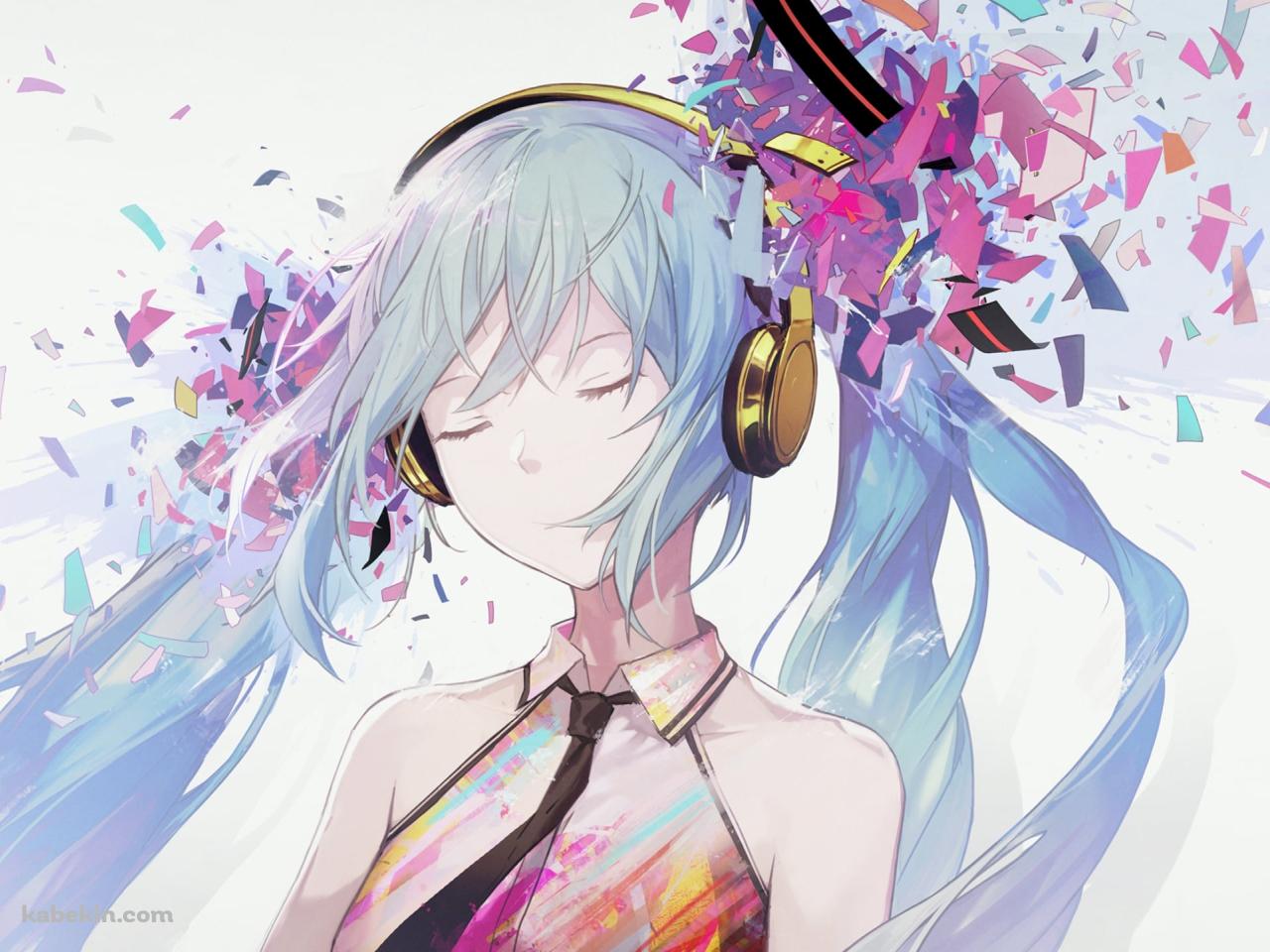 目をつぶる初音ミク / パステル調 / 綺麗 / 金色のヘッドフォン / ボカロ / ボーカロイドの壁紙(1280px x 960px) 高画質 PC・デスクトップ用