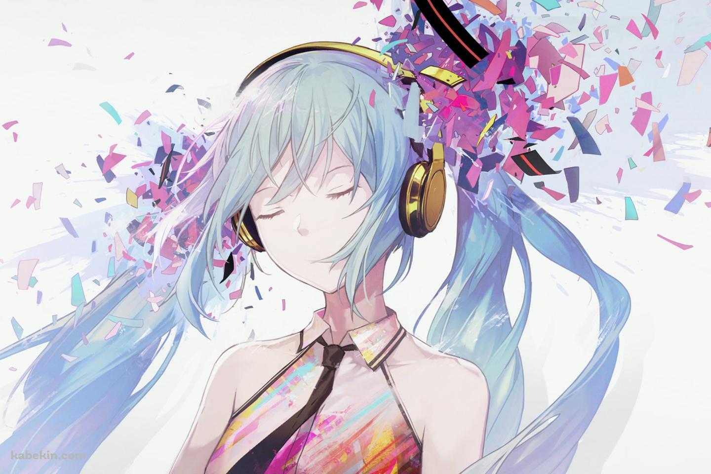 目をつぶる初音ミク / パステル調 / 綺麗 / 金色のヘッドフォン / ボカロ / ボーカロイドの壁紙(1440px x 960px) 高画質 PC・デスクトップ用