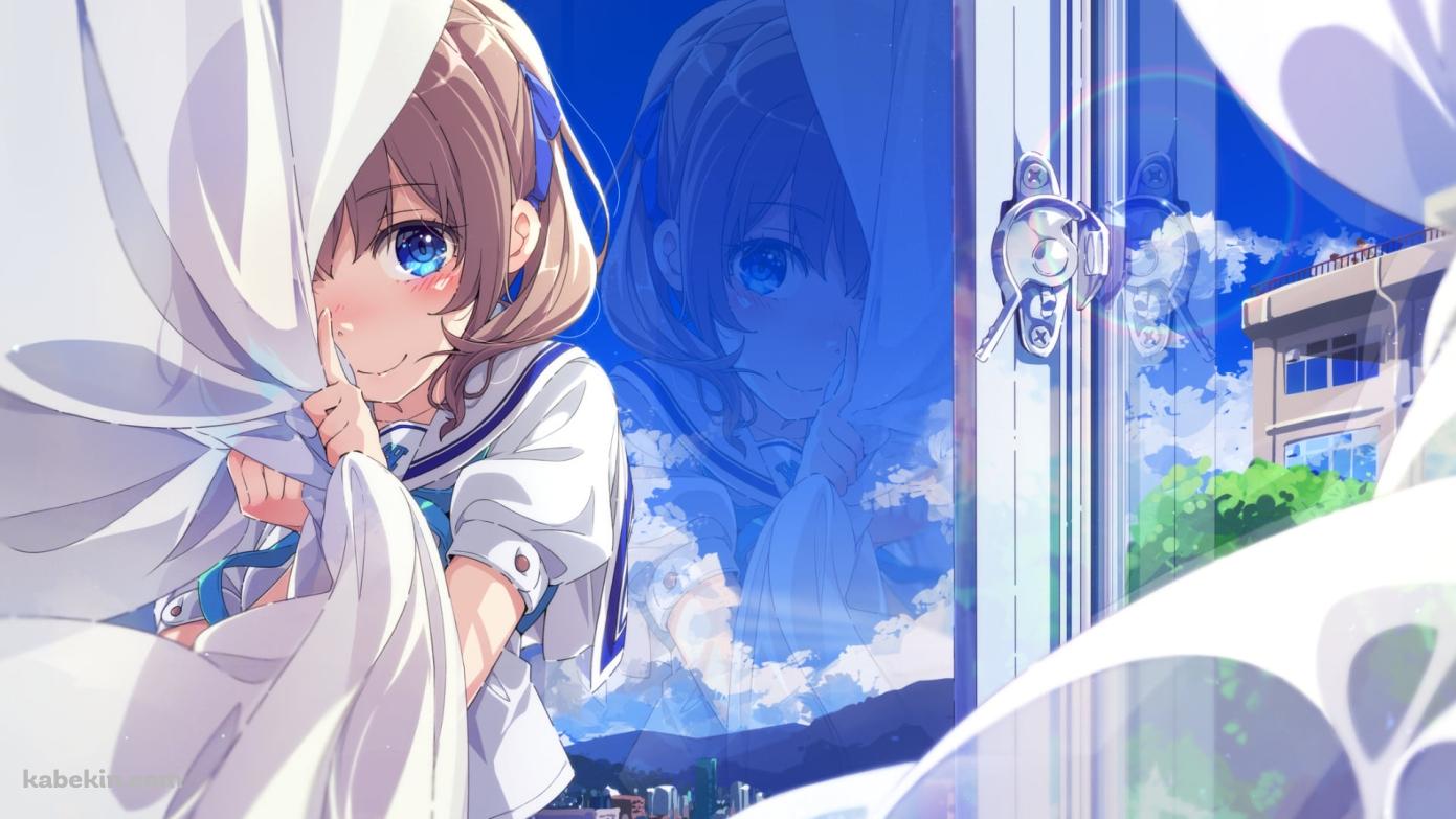窓際のカーテンに隠れる可愛い女子高生 / 学校の壁紙(1391px x 783px) 高画質 PC・デスクトップ用