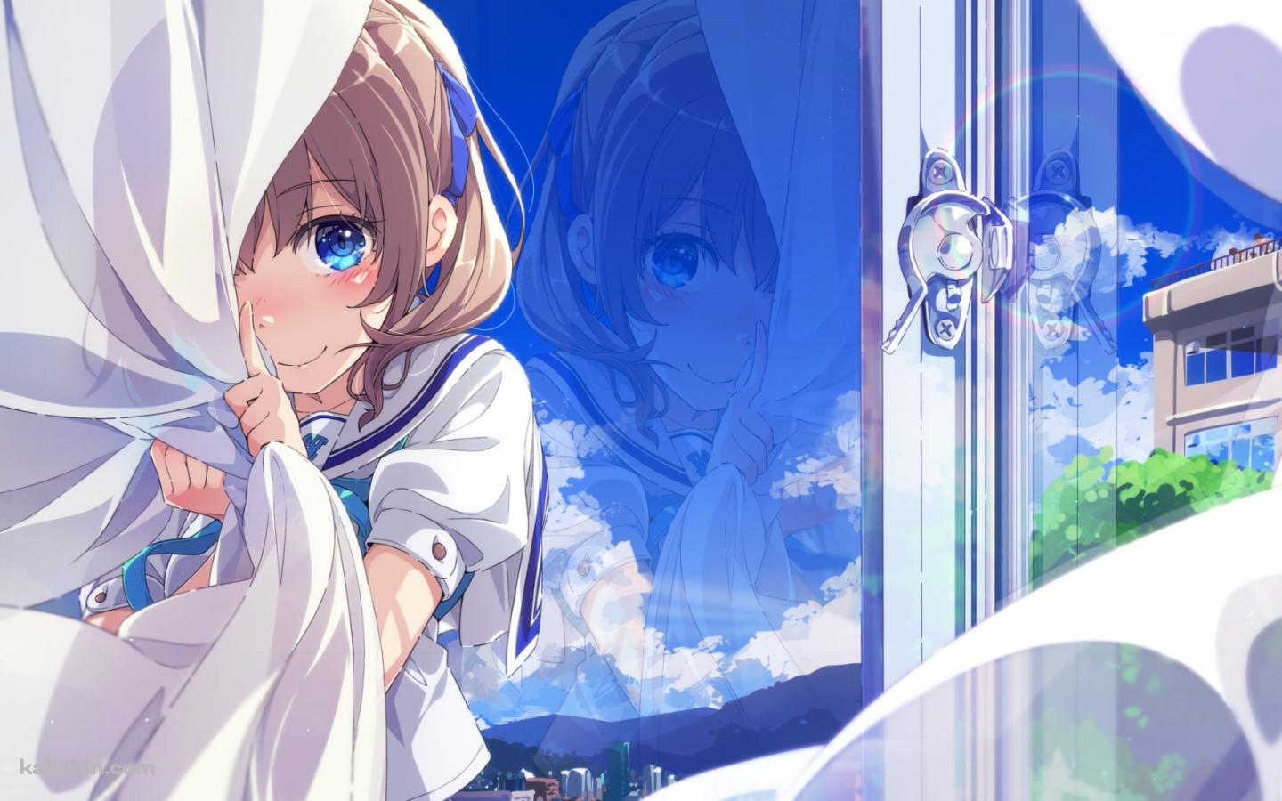 窓際のカーテンに隠れる可愛い女子高生 / 学校の壁紙(1440px x 900px) 高画質 PC・デスクトップ用