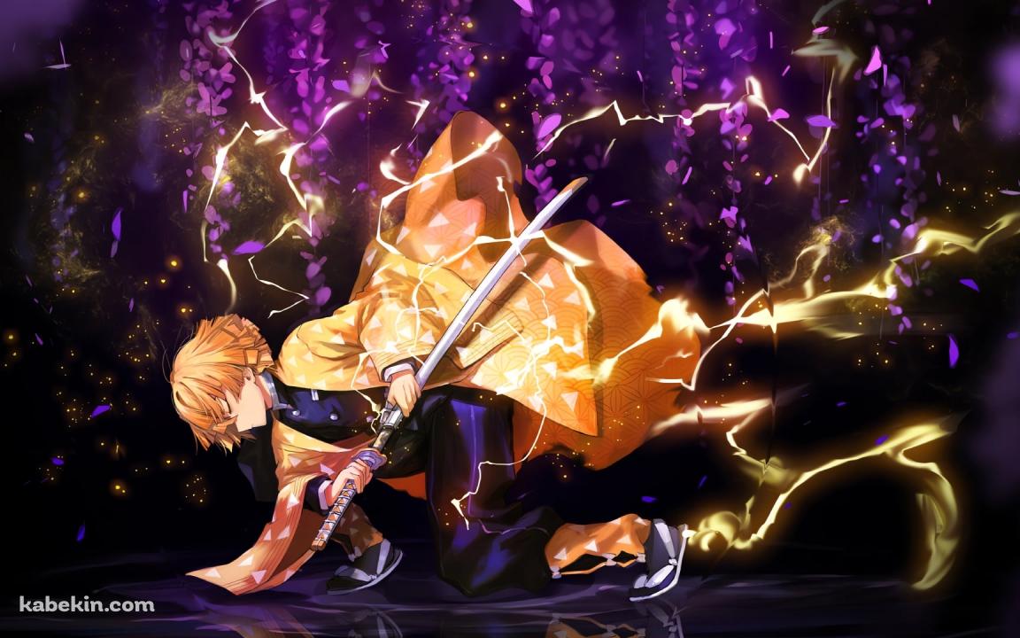 しゃがんで目をつぶりながら抜刀する我妻善逸 / 鬼滅の刃の壁紙(1152px x 720px) 高画質 PC・デスクトップ用