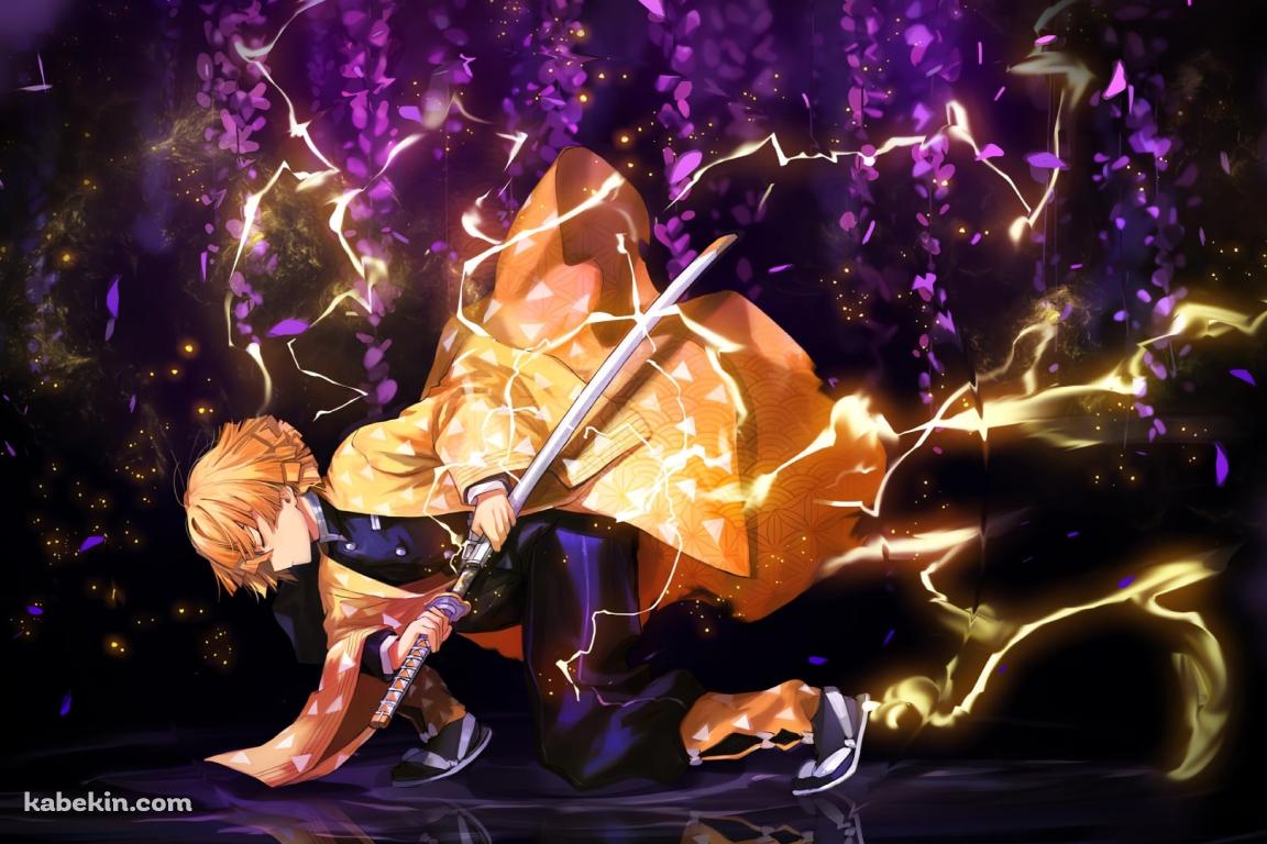 しゃがんで目をつぶりながら抜刀する我妻善逸 / 鬼滅の刃の壁紙(1152px x 768px) 高画質 PC・デスクトップ用