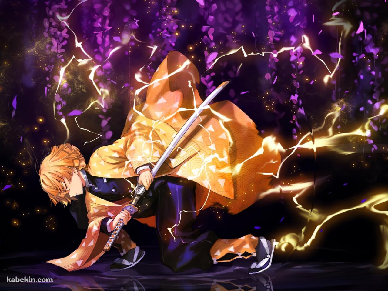 しゃがんで目をつぶりながら抜刀する我妻善逸 / 鬼滅の刃の壁紙(1280px x 960px) 高画質 PC・デスクトップ用