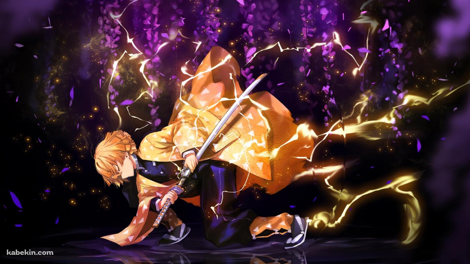 しゃがんで目をつぶりながら抜刀する我妻善逸 / 鬼滅の刃の壁紙(1536px x 864px) 高画質 PC・デスクトップ用