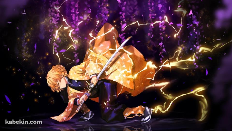 しゃがんで目をつぶりながら抜刀する我妻善逸 / 鬼滅の刃の壁紙(960px x 540px) 高画質 PC・デスクトップ用