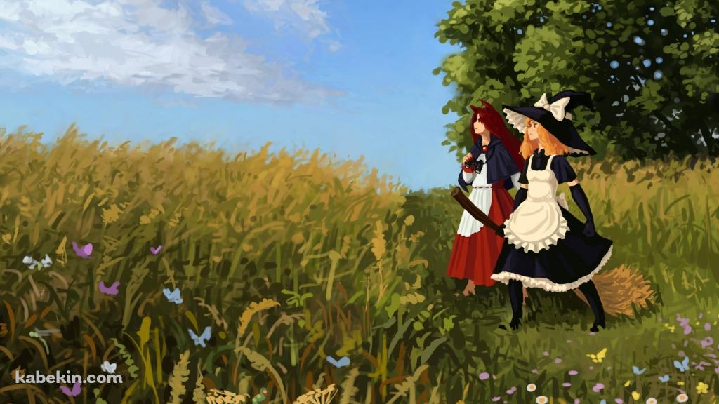 草原に並んで立つ霧雨魔理沙と今泉影狼 / 東方の壁紙(1024px x 576px) 高画質 PC・デスクトップ用