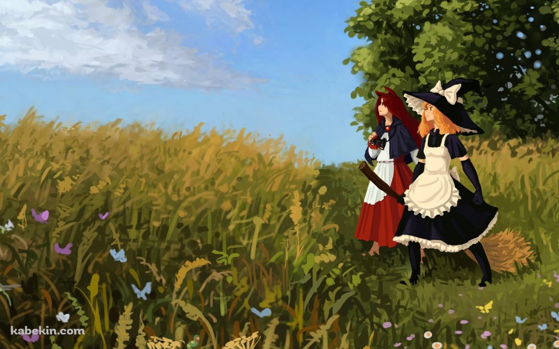 草原に並んで立つ霧雨魔理沙と今泉影狼 / 東方の壁紙(1152px x 720px) 高画質 PC・デスクトップ用
