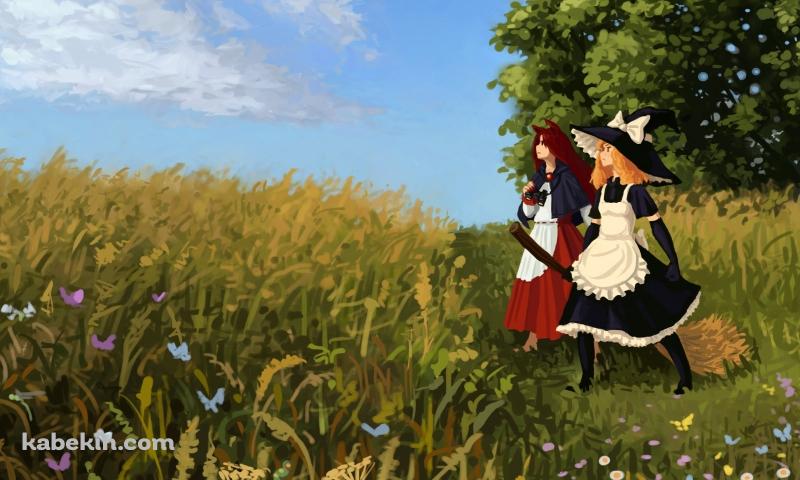 草原に並んで立つ霧雨魔理沙と今泉影狼 / 東方の壁紙(800px x 480px) 高画質 PC・デスクトップ用