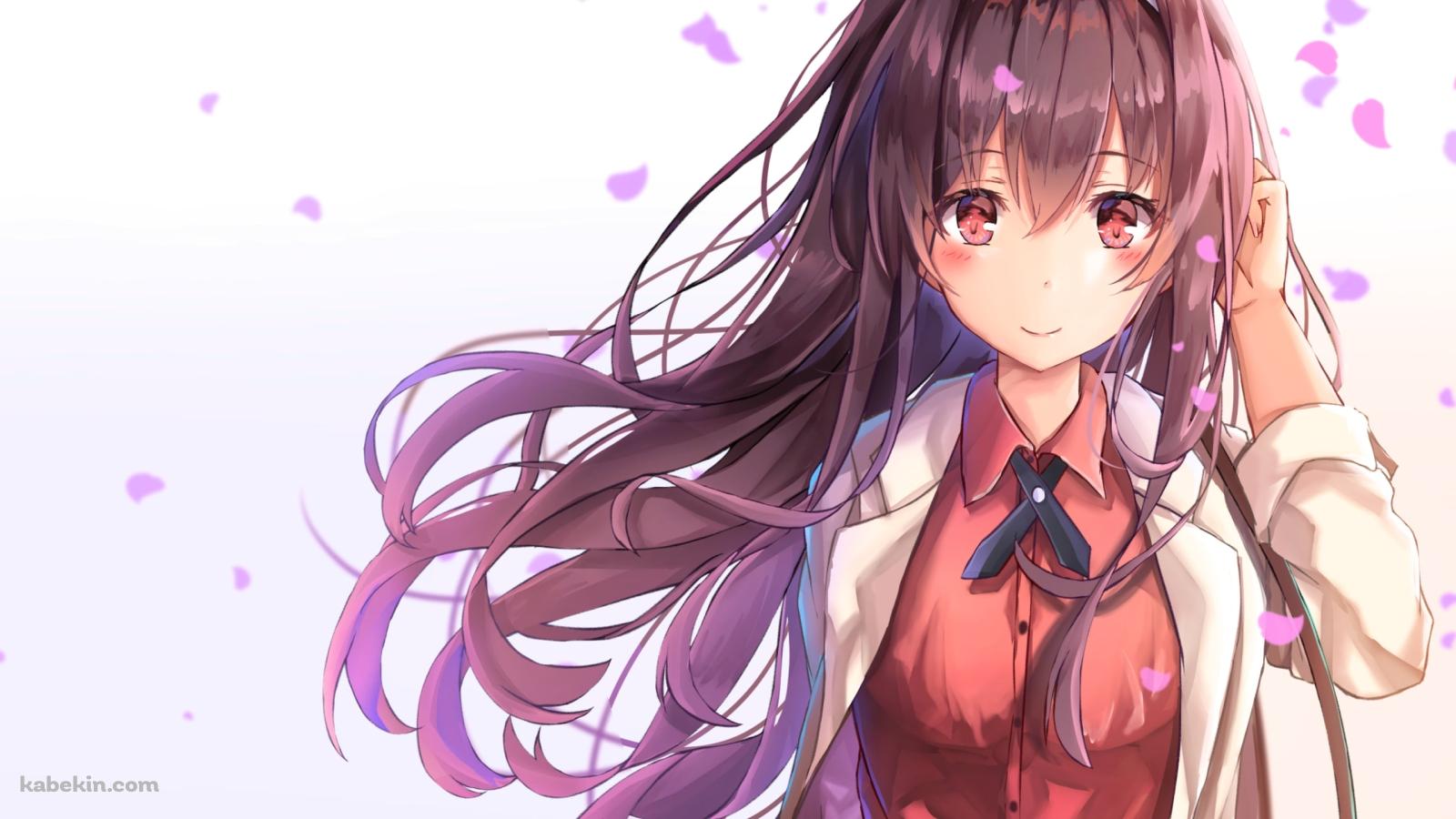 ピンクの花びらと可愛い霞ヶ丘詩羽(かすみがおかうたは) / 冴えない彼女の育てかたの壁紙(1600px x 900px) 高画質 PC・デスクトップ用