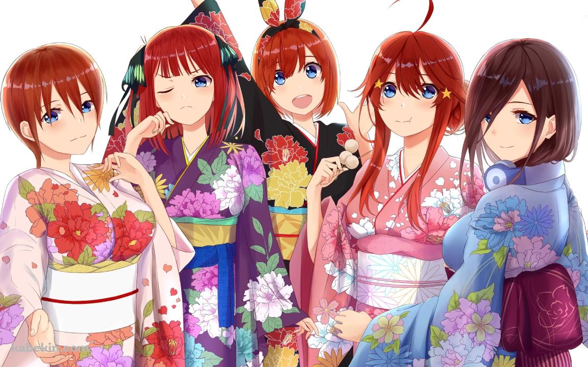 着物を着た中野三玖、中野二乃、中野一花、中野五月、中野四葉 / 五等分の花嫁の壁紙(1152px x 720px) 高画質 PC・デスクトップ用